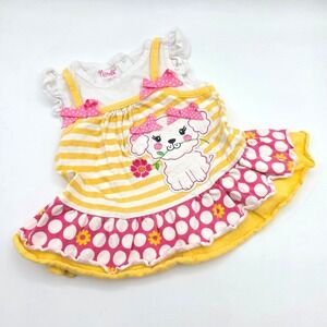 Nannette Baby Girl 12M Yellow Striped Pink Polka Dot Puppy Dress Bows Ruffle